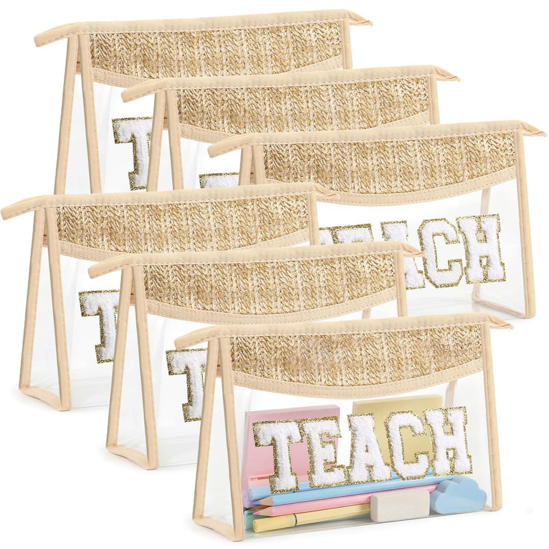 Kajaia 6 Pcs Teach Cosmetic Bags Teacher Appreciation Gift for Woman Boho Straw Clear Makeup Bag with Zipper Woven Toiletry Pouch Chenille Letter Patch Makeup Bag for Retirement Birthday Teacher Gift