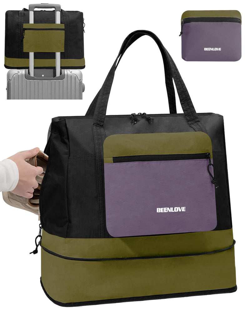 Foldable Travel Bag 46L, Expandable Weekender Duffle Bag with Shoe Compartment, Waterproof Nylon Carry On Bag, Lightweight Personal Item Bag for Women & Men, Folds into a Small Pouch Black