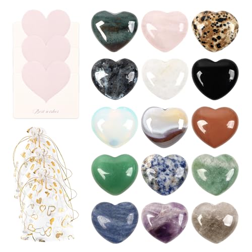 15PCS Assorted Mixed Heart Stones Set, 1" Natural Worry Stones 15
