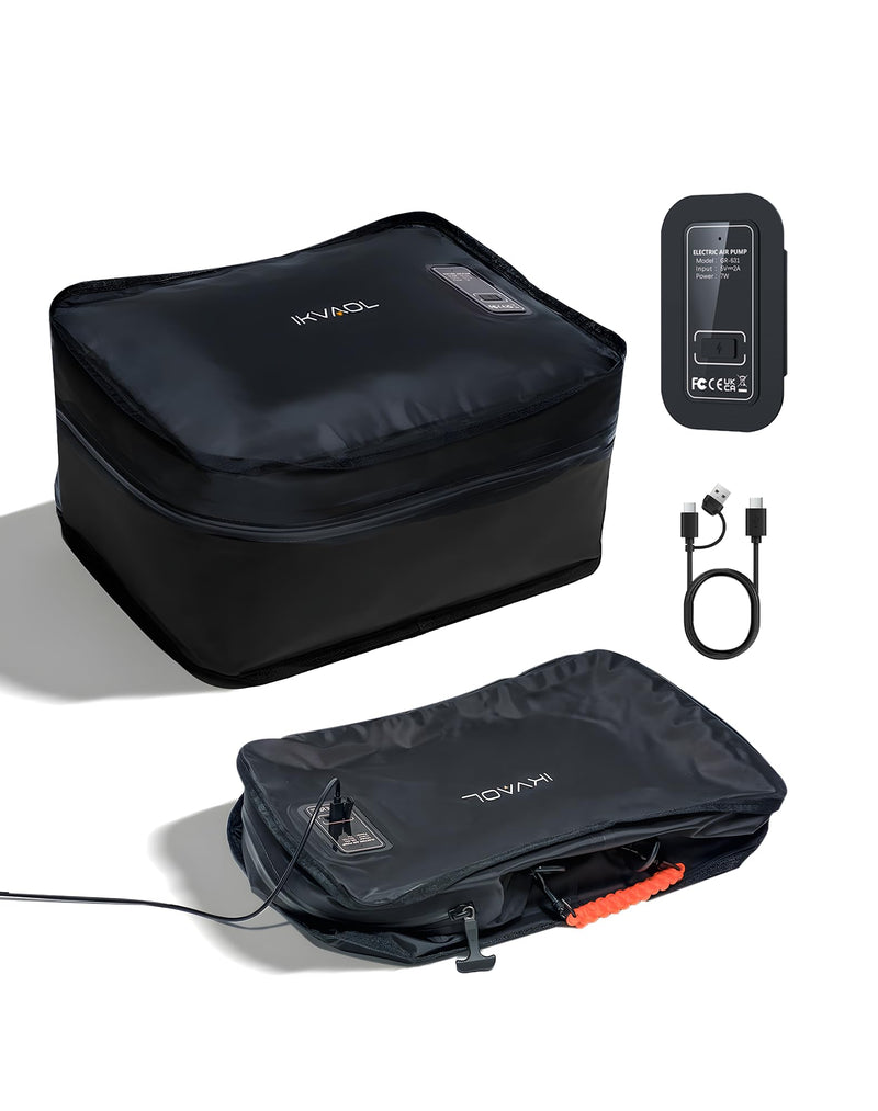 Travel Vacuum Packing Cubes with Built-in Pump, Space Saver (1-Pack) | 23L Small Organizer, Built-in 50kPa Pump, USB-C phone & power bank, 180° Opening, Airtight Zipper, Tearproof Fabric Black 1PACK