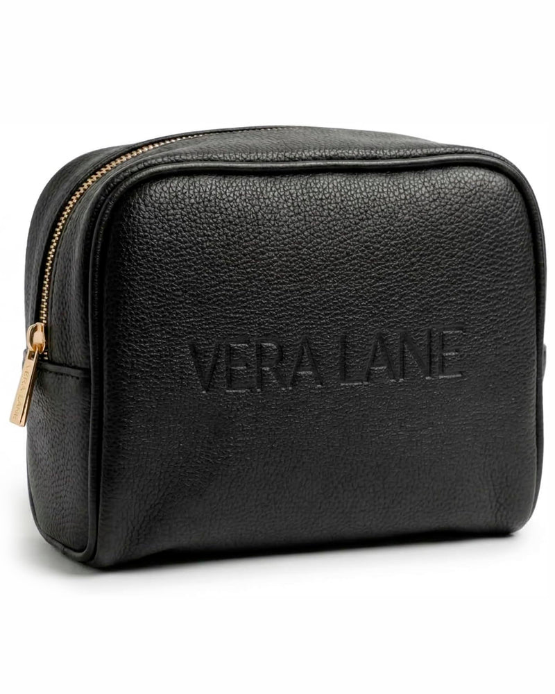 Travel Makeup Bag for Women Black - Made from Vegan Leather (7" x 5" x 2.3")