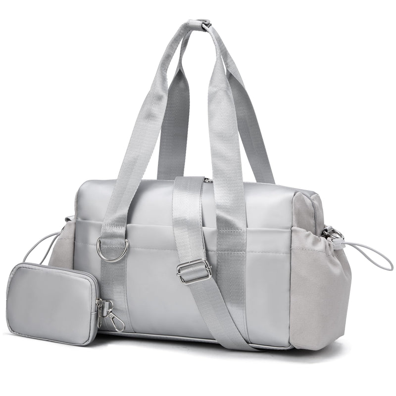 Everyday Mini Gym Bag for Women 2.0, Small Tote with Zipper Compartment Waterproof Travel Duffle Cute Handbag Workout Carry On with Removeable Shoulder Strap & Coin Wallet Easy to Clean-Silver Silver