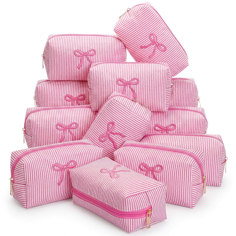 12 Pcs Pink Bow Seersucker Cosmetic Bags Bulk Seersucker Makeup Bags Stripe Women Pouch Large Preppy Storage Pouch Toiletry Travel Organizer for Party Favor 12