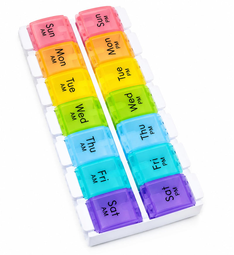 Weekly Pill Organizer 2 Times a Day, 7 Day AM PM Pill Box with Easy Push Button, Separate Morning & Evening Trays, Large Capacity Medicine Organizer for Vitamins, Fish Oil & Supplements, BPA-Free