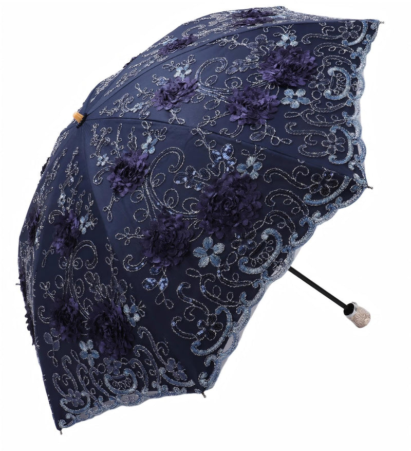 MizHome Lace Parasol Double-Layer UV Protection Compact Folding Umbrella Handmade 2331 Navy Blue