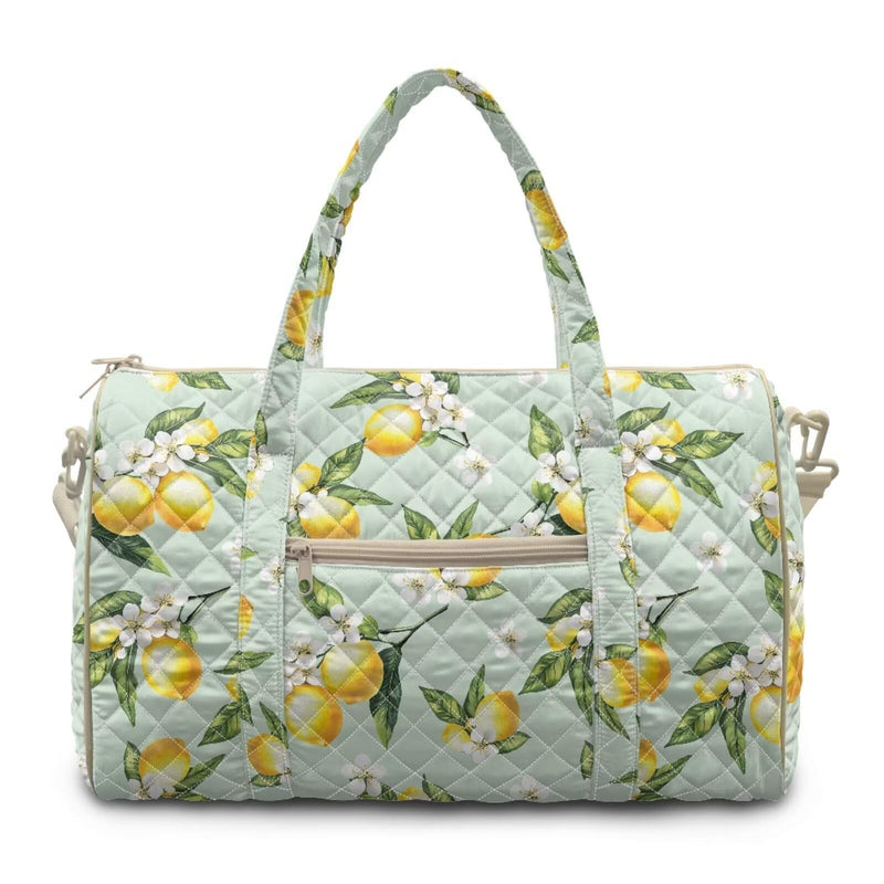 Quilted Weekender Bag Lemon Green Fresh Print Large Weekender with Adjustable Crossbody Strap Zesty Travel Bag for Overnight Trips