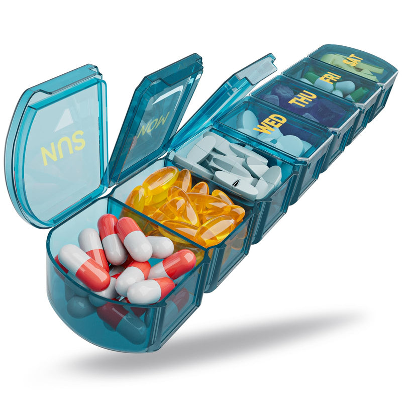 Large Pill Organizer Weekly - 7 Day Compartments with Easy-Open Design | SHIJOINYU XL Pill Box with High-Capacity, Daily Medicine Pill Organizer for Vitamins, Supplements, Fish Oils Blue