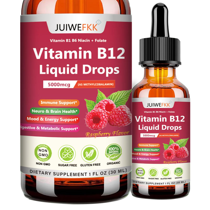 Liquid Vitamin B12 Drops 5000 mcg - Extra Strength B12 Methylcobalamin with B1 B6 B3 Folate Niacin - Fast Absorption Sublingual B-12 Drops for Energy Metabolism & Brain Function, Vegan B Complex Raspberry 1 Fl Oz (Pack of 1)