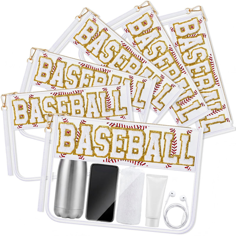 6 Pcs Baseball Gifts White Chenille Letter Makeup Bags Nylon Clear Cosmetic Bags Toiletry Zipper Pouch Travel Purse for Sports Women Party Holiday Favor 6