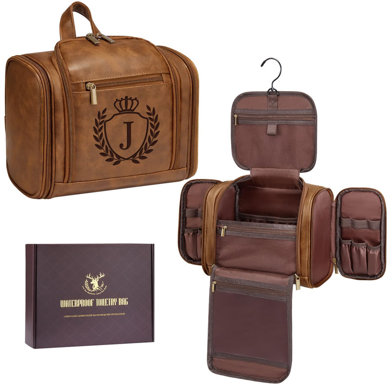 Unique 30th 40th 50th 60th 65th 70th 75th Birthday Gifts for Men Father Dad Husband Brother Son, Large Leather Travel Toiletry Bag Dopp Kit Hanging Shaving Case, Mustard Initial Letter J