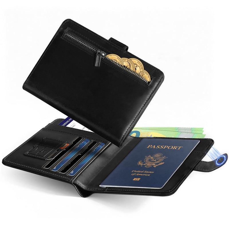 Passport Holder for Travel: RFID Blocking Full Grain Leather Passport Wallet for Men - Slim Minimalist Bi-fold Passport Cover for Air Ticket Credit Card Bills Coin, Gift Boxed (Black) Black