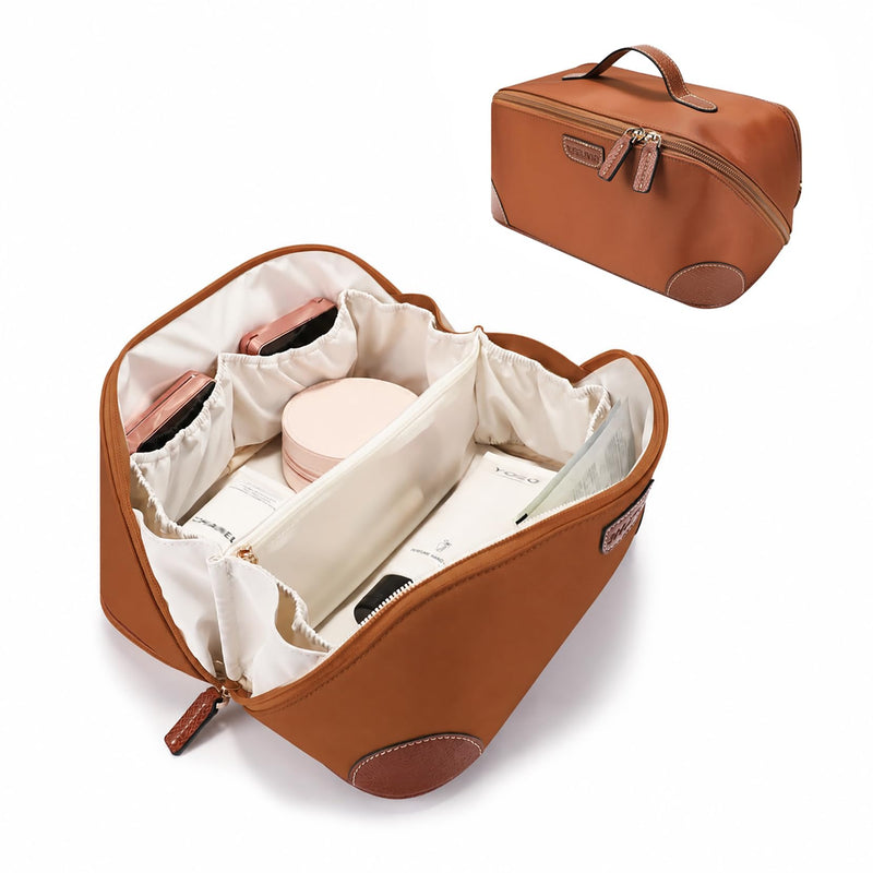 GIVLEFLY Makeup Bag for Women, Large Cosmetic Bag, Travel Toiletry Bag, Waterproof Nylon Organizer with Microfiber Leather, Flat Open for Skincare & Brushes Brown