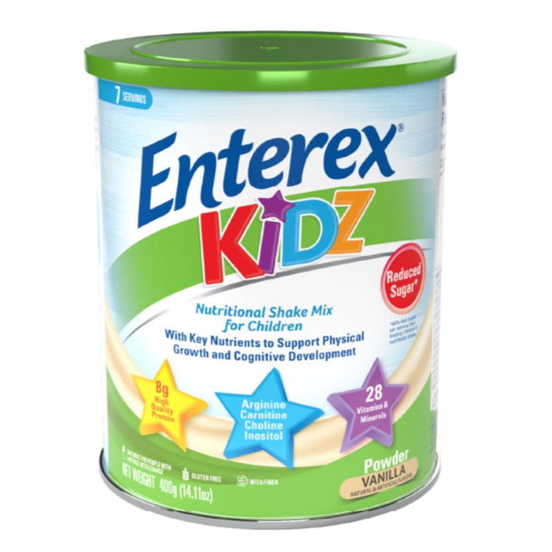Enterex Kidz Nutritional Shake Mix for Kids – Vanilla | 8g Protein, Reduced Sugar, 28 Vitamins & Minerals | Gluten Free, with Fiber | 400g (7 Servings)