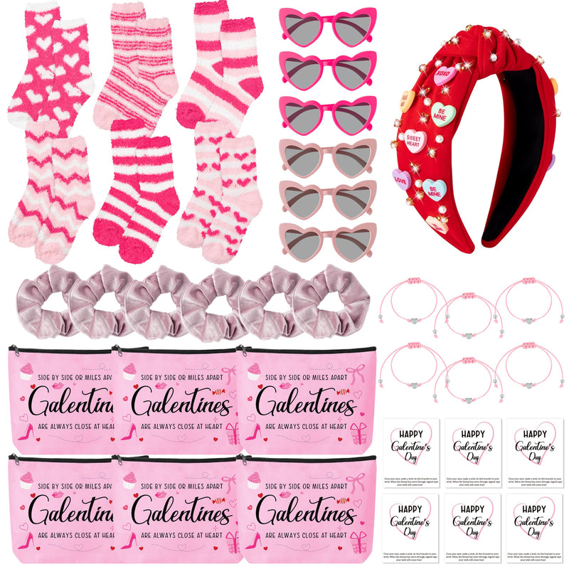 Y1tvei Valentine's Day Galentine's Day Pink Red Gift Canvas Cosmetic Pouch Headband Set Include Makeup Bags Heart Sunglasses Stockings Hair Ties Bracelets Greeting Cards Party Accessory Gift for Lover