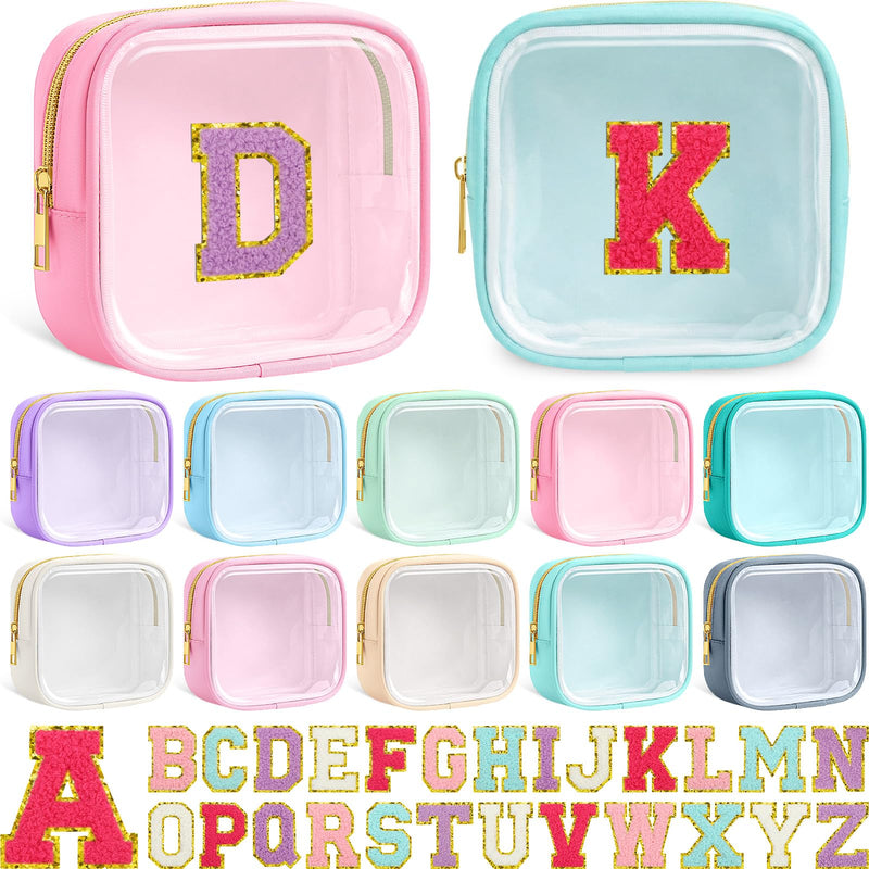 10 Pcs Initial Clear Makeup Bags Mini Personalized A-Z Preppy Patch Chenille Letter Cosmetic Bag Preppy Nylon Makeup Bag Small Pouch Waterproof Toiletry Bags for Women Wedding Bride Gift(Clear) Macaron Colors