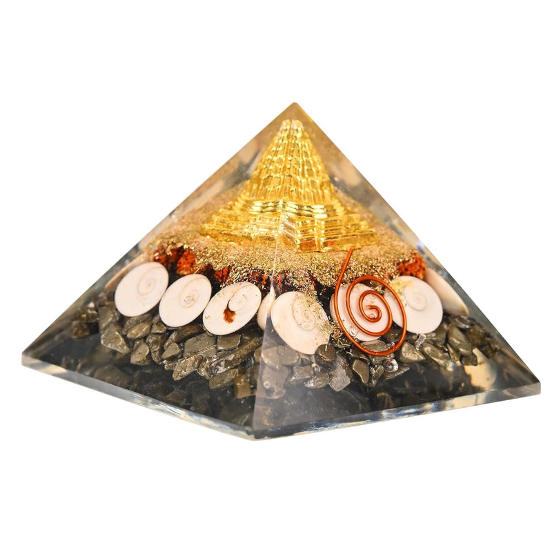 EDMIRA Money Magnet Pyrite Pyramid with Rudraksha & Gomati Chakra, Shree Yantra Vastu Feng Shui Crystal Pyramid for Wealth, Prosperity, Positive Energy, Reiki Healing, Home & Office Decor