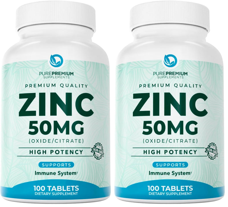 PurePremium Natural Zinc 50mg Supplements for Men/Women - GMP-Certified High Potency Vitamin Zinc Citrate/Oxide for Adults, Immune Antioxidant, Energy Support - 100 Tablets (Pack of 2) 1 Count (Pack of 200)
