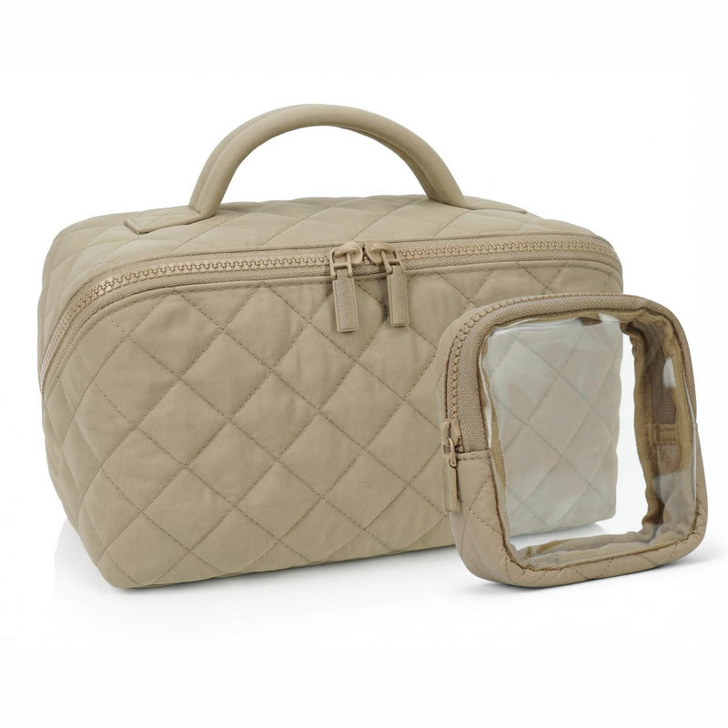 Women Cotton Cosmetic Bag,2PCS/Set Travel Makeup Bag, Large Capacity Cosmetic Bags for Women, Portable Open Flat Toiletry Bags,Makeup Organizer Bag with PVC Mini Wallet Purse, (Khaki) Khaki