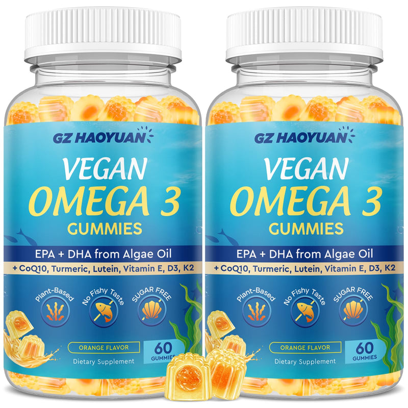 Vegan Omega 3 Gummies 1200mg for Adults Marine Algae Omega 3 Supplement EPA 600mg DHA 400mg, Vitamin D3, K2, No Fish Taste, for Brain, Eye, Immune Health, Sugar Free, 120 Cts Orange 60 Count (Pack of 2)