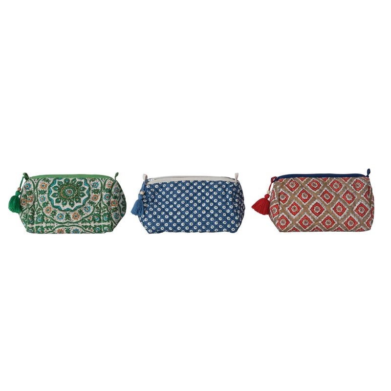 Creative Co-Op 3-Piece Quilted Cotton Slub Printed Zip Pouch with Pattern, Multicolor