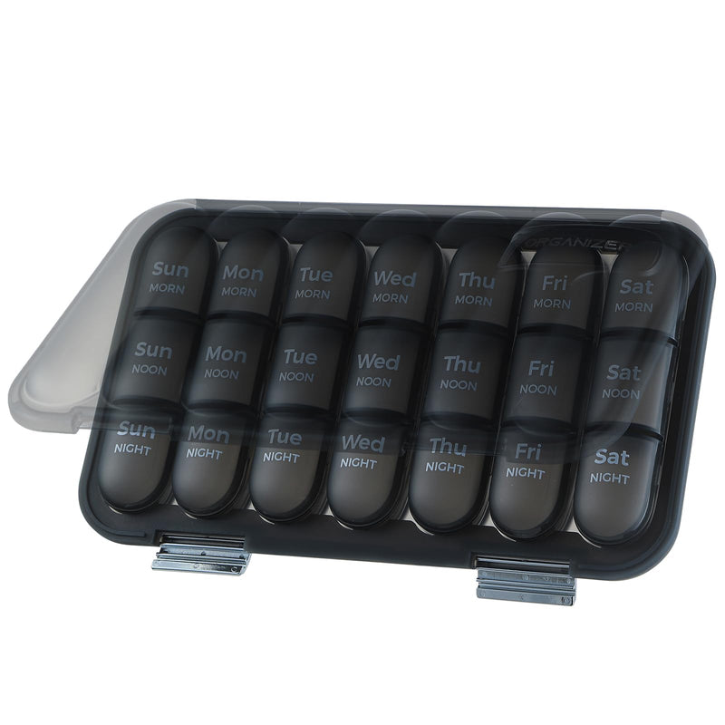 Moisture-Proof Weekly Pill Organizer, 3 Times a Day Large Capacity 7-Day Travel Pill Box with Labels, Double Protection Daily Medicine Container for Vitamins/Supplements - Black