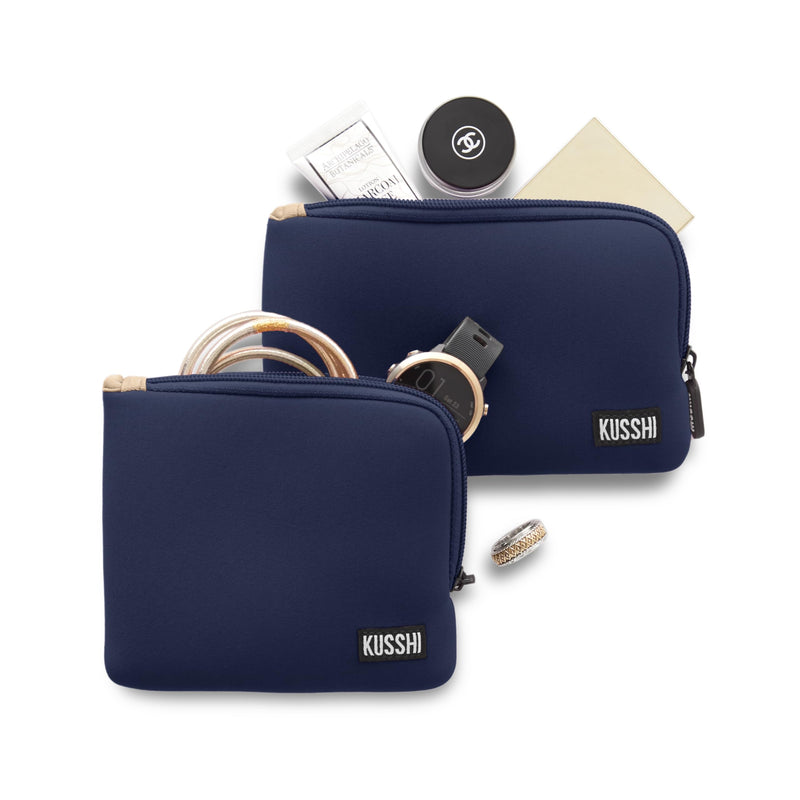 2pc Neoprene On-The-Go Pouch Set - Passport Holder and Travel Zipper Makeup Pouch for Purse - Small Purse Pouch for Organization, Electronics, Glasses & Valuables (Navy/Khaki) Navy/Khaki