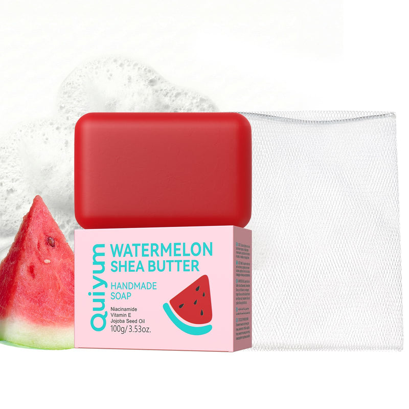 QUIYUM Watermelon Shea Butter Handmade Soap, 3-in-1 Face & Body Bar Soap | Niacinamide, Vitamin E & Jojoba Oil, Hydrating and Glowing Daily Cleanser for All Skin Types, Refreshing Fruity Scent