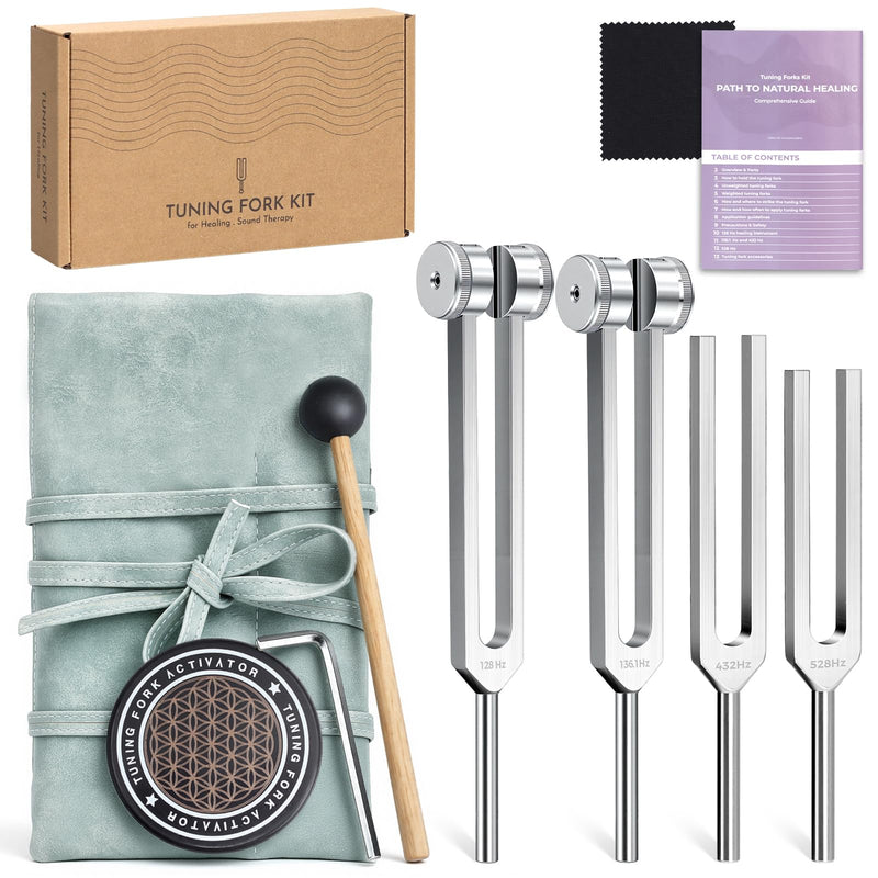 Tuning Forks for Healing Set, 128Hz 136.1Hz 432Hz 528Hz Sound Kit | Weighted and Unweighted Tuning Forks with Activator and Pouch for Meditation, Yoga, Sound Practice and Relaxation