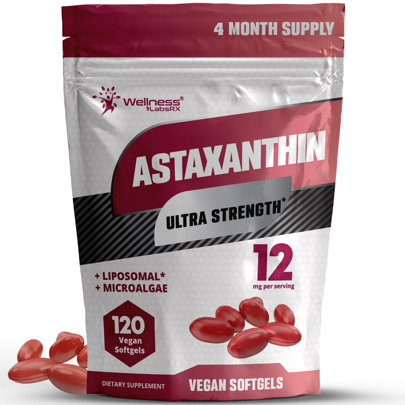 Liposomal Astaxanthin Supplement 12mg, 120 Vegan Softgels, 4 Month Supply | Natural Haematococcus Pluvialis Source, Skincare and Eye Support, Antioxidant Support, Eye Health Vitamins Astaxantina