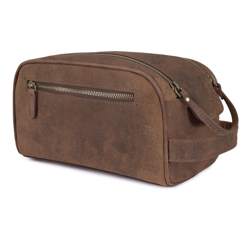 Leather Toiletry Travel Bag with Waterproof Lining, Large Capacity Vintage Dopp Kit, Shaving & Cosmetic Organizer for Men & Women - Brown