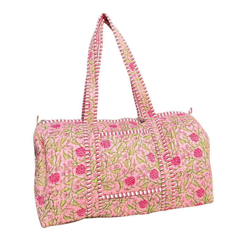 Large rose pink Cotton Quilted Duffle Bags Block Print Gifts Handmade Colorful Travel Night Travel Gym Yoga Luggage Pocket 18X9X9 inches