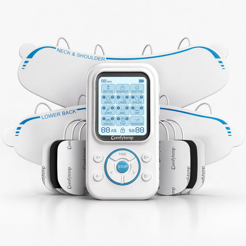 Comfytemp TENS Unit with Specialized Pads for Lower Back & Neck Shoulder Pain Relief, Easy-to-Use TENS Unit Muscle Stimulator with Large Display, Portable Dual Channel TENS Machine with Carrying Case
