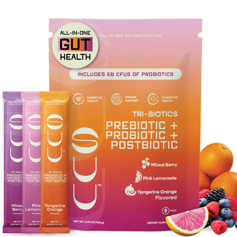 SUU Tribiotics - Prebiotic & Probiotic Drink Mix Packets for Gut Health & Digestive Health | Cutting Mix, Daily Probiotic & GLP1 and Immunity Supplement | 9 Pack Variety Variety Pack