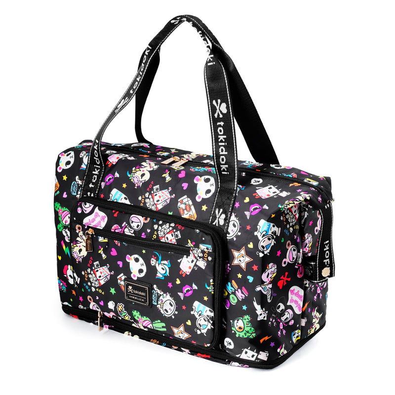 Tokidoki Foldable Duffle Bag for Travel, Airline Approved Weekender Bag | Officially Licensed │ Foldable │ 30-40L Expandable │ 6 Pockets│ Carry-On │ with Trolley Sleeve Black