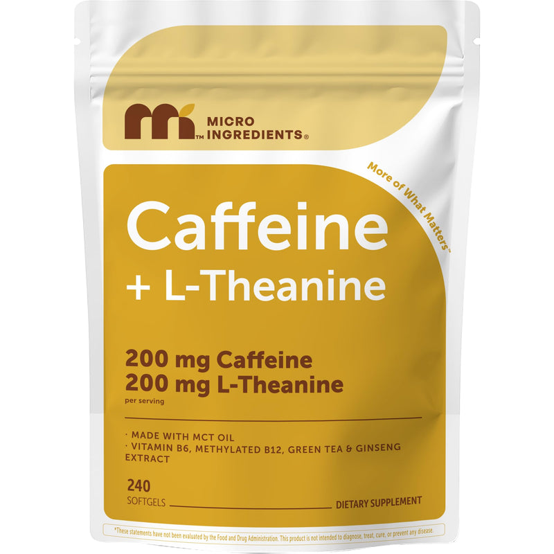 Caffeine Pills 200 mg with L-Theanine 200 mg Per Serving, 240 Softgels | Focus & Energy Support* | 6-in-1 Supplement with Vitamin B6, Methyl B12, Green Tea & Panax Ginseng | Made with MCT Oil