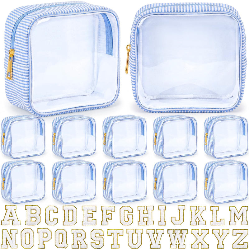 Sanwuta 10 Pcs Seersucker Mini Makeup Bags Bulk Initial A-z Chenille Letter Patches Clear Striped Zipper Pouch Small Travel Cosmetic Bag Purse Organizer for Women Wedding Bridesmaid Gift (Light Blue)