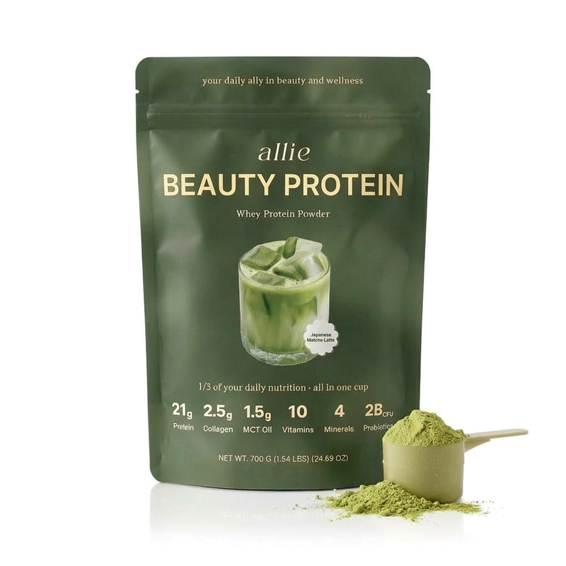 Japanese Matcha Latte Protein Powder | All-in-One Beauty Shake | Collagen, Probiotics & MCT Oil | Supports Hair, Skin & Nails | 10 Vitamins & 4 Minerals | Meal Replacement | 20 Servings | Allie Beauty Protein Japanese Matcha Latte