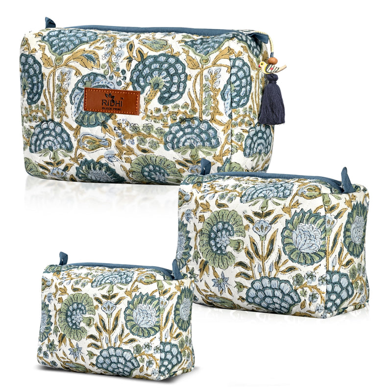 Asparagus Green Hand Block Printed Floral Toiletry Bag For Women 100% Cotton Quilted Set of 3 Waterproof Inner Lining, Cosmetic Jewelry Organizer, Travel Pouch, Essential Storage Purse Gifts Asparagus Green