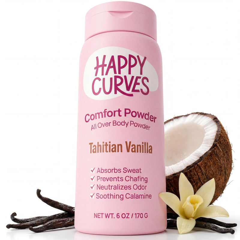 HAPPY CURVES Comfort Powder: Talc Free Anti Chafe Body & Foot Dusting Powder Deodorant to Control Inner Thigh Chafing, and Private Areas 6oz (Pack of 1) - Tahitian Vanilla 6 Ounce (Pack of 1)