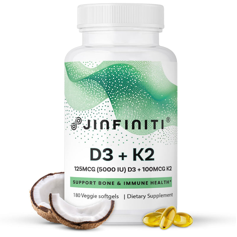 Jinfiniti Vitamin D3 + K2 Supplement, 5000 IU D3 and 100 mcg K2, with Coconut Oil, 180 Veggie Softgels, Supports Bone Heart and Immune Health, 3-6 Month Supply