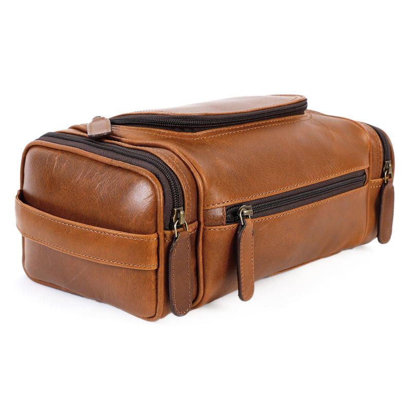 Real Leather Toiletry Bag for Men - Large Hanging Travel Organizer for Toiletries, Ideal for Dopp Kit & Shaving Kit for Men, Essential Mens Travel Toiletry Bag for Toiletries (Cognac)