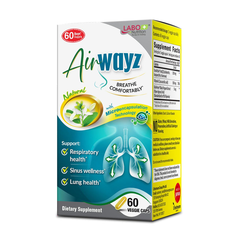 LABO Nutrition AirWayz Quercetin Respiratory & Seasonal Immune Wellness | 60 veggie capsules. 60 days' supply, Microencapsulated SunActive IsoQ quercetin with vitamin C & Bioperine black pepper