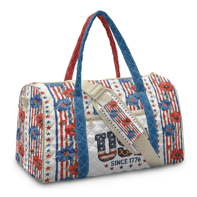 250th Anniversary USA Travel Duffle Bag for Women with Flowers on it Patriotic Overnight Bag with Crossbody Strap Portable Weekend Bag for Flying