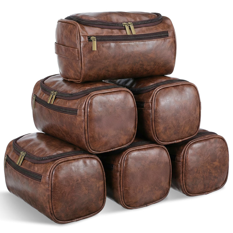 6-Piece Leather Toiletry Bag Set for Men, Waterproof Travel Groomsmen Gift with Multiple Compartments - Ideal for Shaving Kits, Cosmetics & Essentials (Dark Brown)