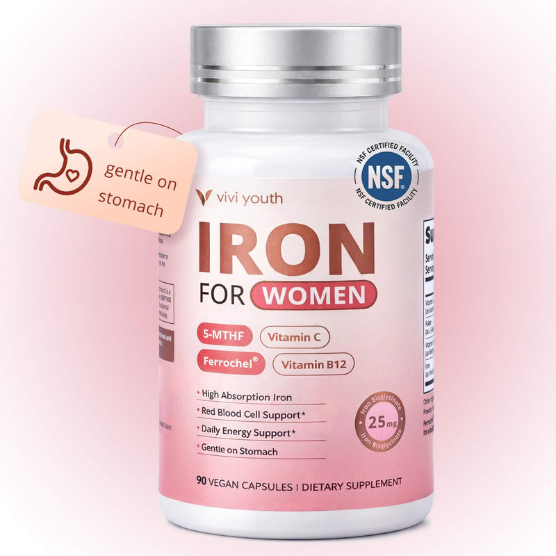 Gentle Iron Supplement for Women, Ferrochel® Iron Bisglycinate | Vitamin C, 5-MTHF Folate, Methyl B12, Easy on Stomach, High Absorption, Effective Iron & Energy Support, Vegan, 90-Day Supply