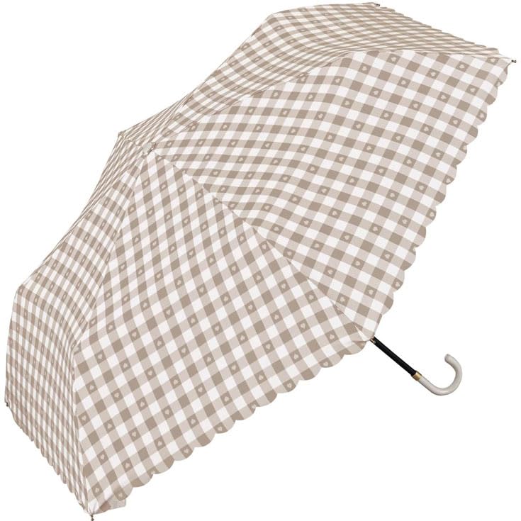 Gingham Heart Mini Folding Umbrella – Beige, 11 in Compact, 0.37 lb Lightweight, 35 in Canopy, UV Protection, Cute Scalloped Trim, Water-Repellent