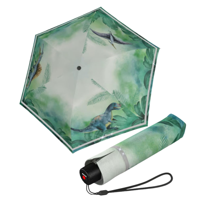Knirps Rookie Kids Umbrella w/Reflective Safety Tape for Boys Girls, Dino | 35.4in Canopy, Manual Open Close, Reflective Safety Stripe, Wind-Tunnel Tested to 50mph, Ultra Light 7.2oz