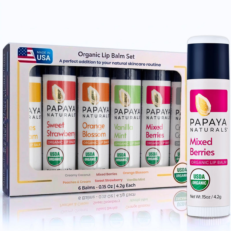 Papaya Naturals USDA Organic Lip Balm Set, 6 Pack – Organic Beeswax, Cocoa Butter & Vitamin E Lip Balm for Dry Lips – Moisturizing Natural Lip Care with Assorted Fruit Flavors