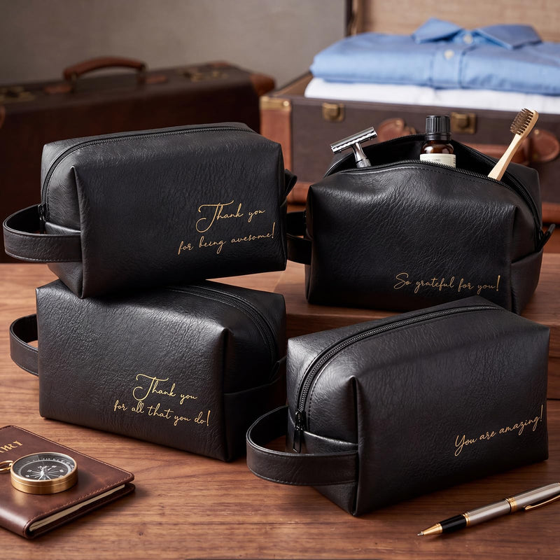 8 Pcs Men Toiletry Travel Bags Bulk Black Leather Toiletry Bags for Men Employee Appreciation Groomsmen Gifts Toiletries Kit for Business Trip Wedding Travel