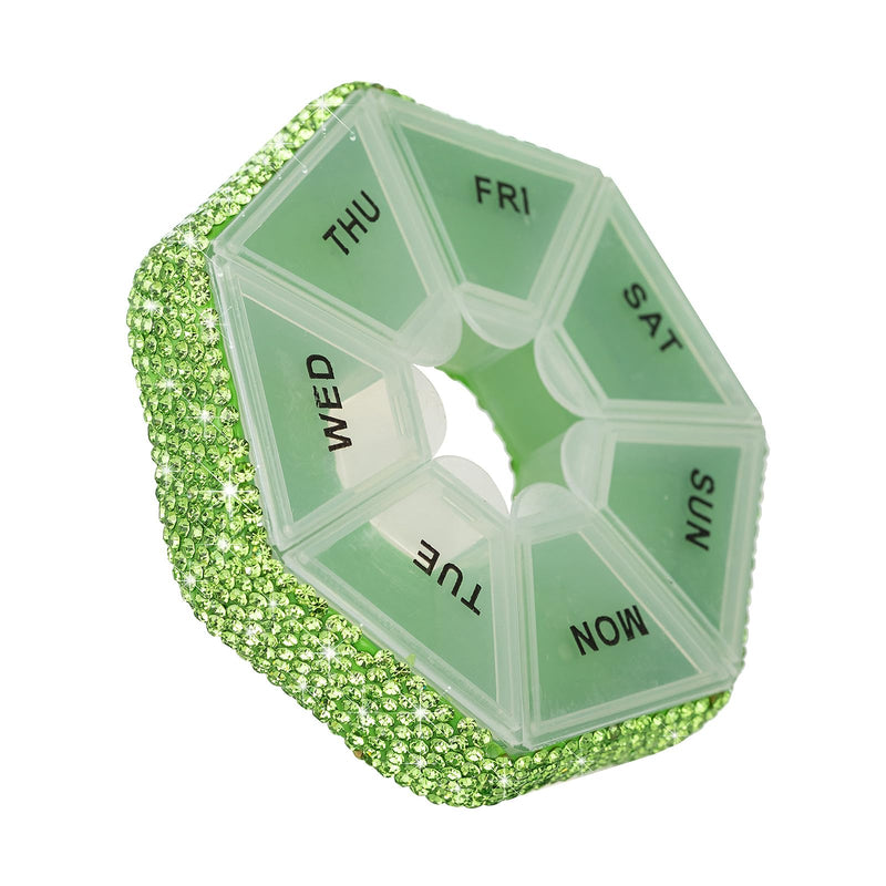 Round Pill Organizer Small Weekly Pill Case for Purse Bling Cute Medicine Pill Box Compact Vitamin Container 7 Day Daily Pill Holder Planner(Green) Z-【limited Edition】green